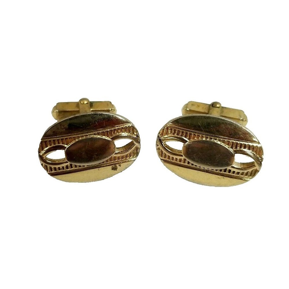 Vintage Cufflinks Jewelry Gold Tone Oval Modernist Horizontal Stripes